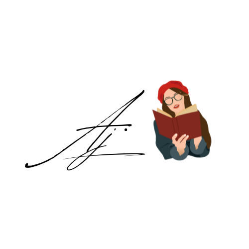 A signature with the letters 'A' and a stylized figure of a woman wearing a red hat and glasses, reading a book.